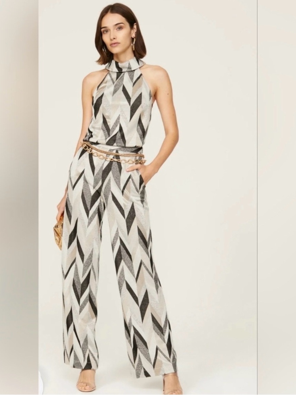 Trina Turk Black, Silver & Cream Geometric Wide-Leg Pants
